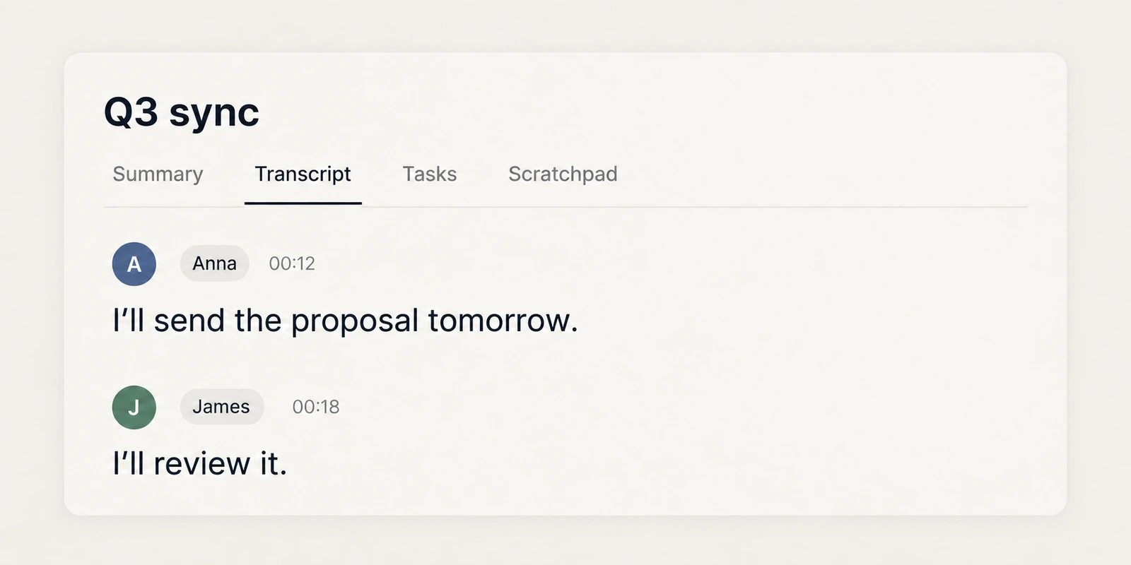 Anna promises to send the proposal tomorrow; James will review it, with blue and green speaker avatars